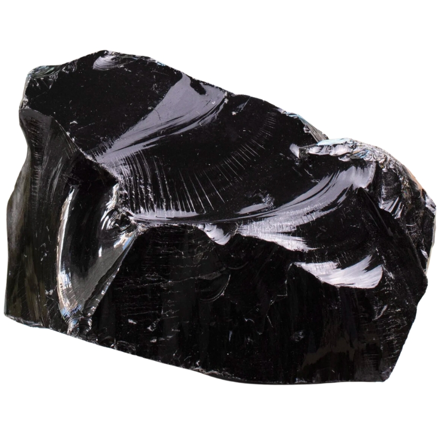 A visibly glassy, black obsidian specimen