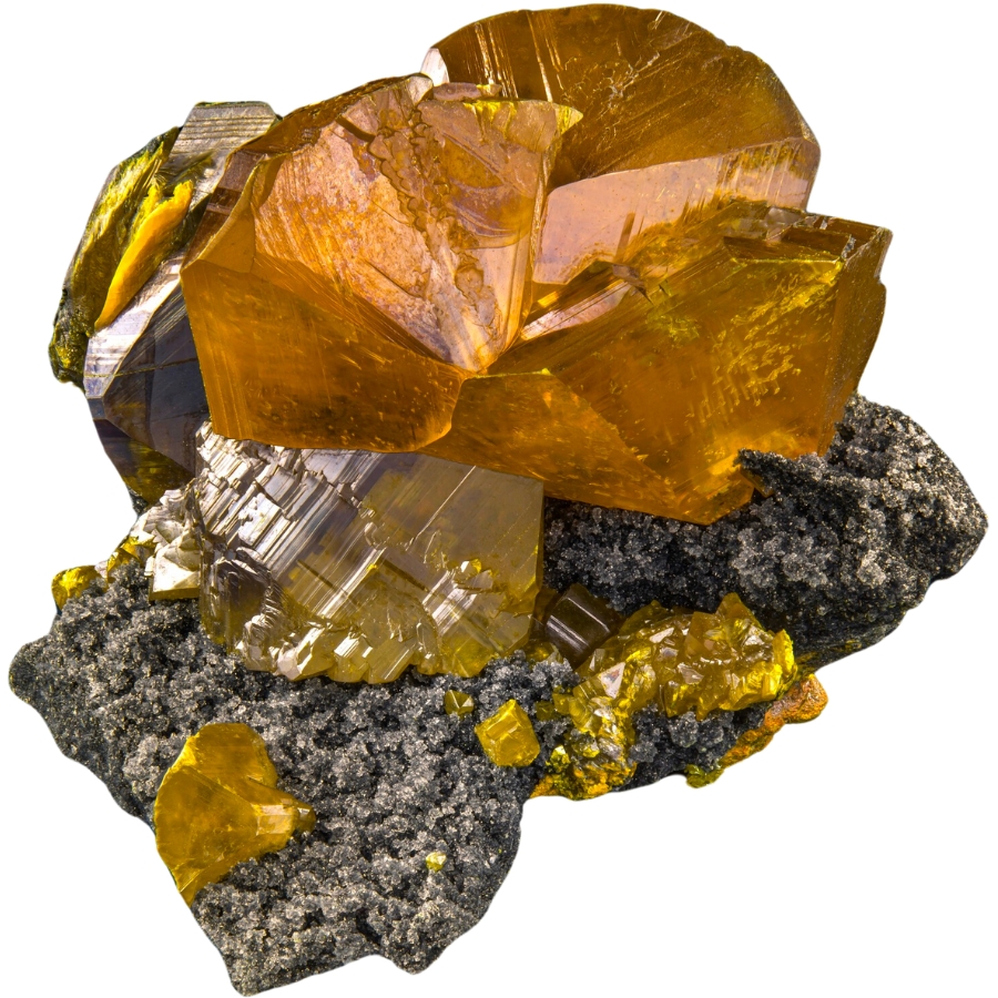 Beautiful crystals of honey-colored orpiment on a matrix