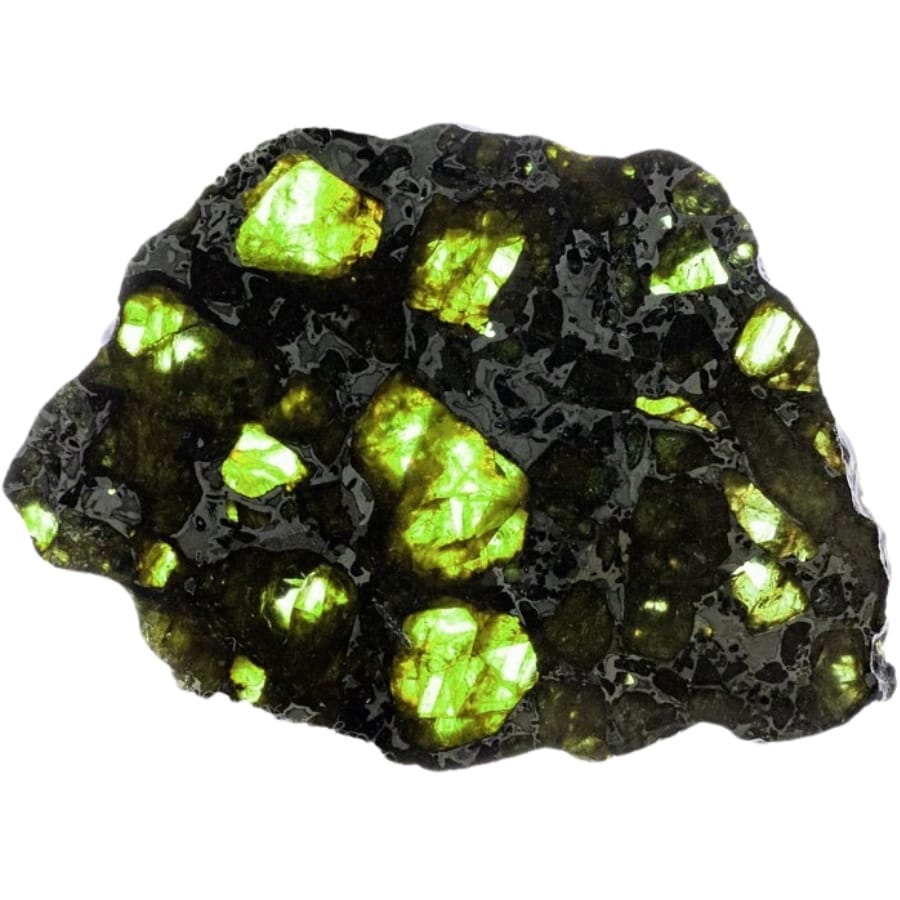 A pallasite meteorite with bright green peridots