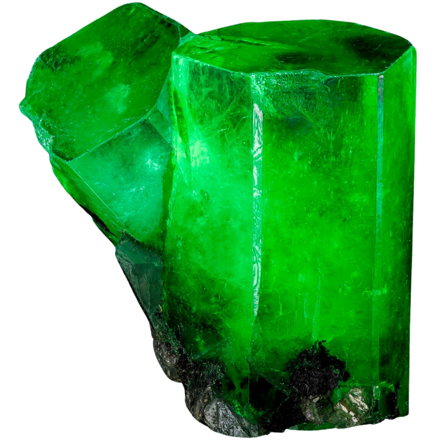 Crystals of lustrous, vibrant green emerald