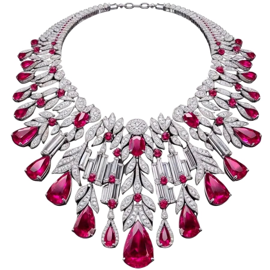 A gorgeously regal necklace adorned with small white diamonds and sparkling red rubies