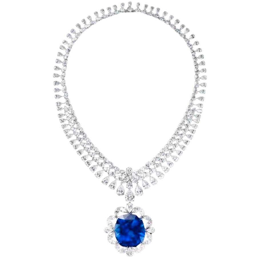 A stunning necklace with small diamonds on the lace and a big, blue sapphire as pendant