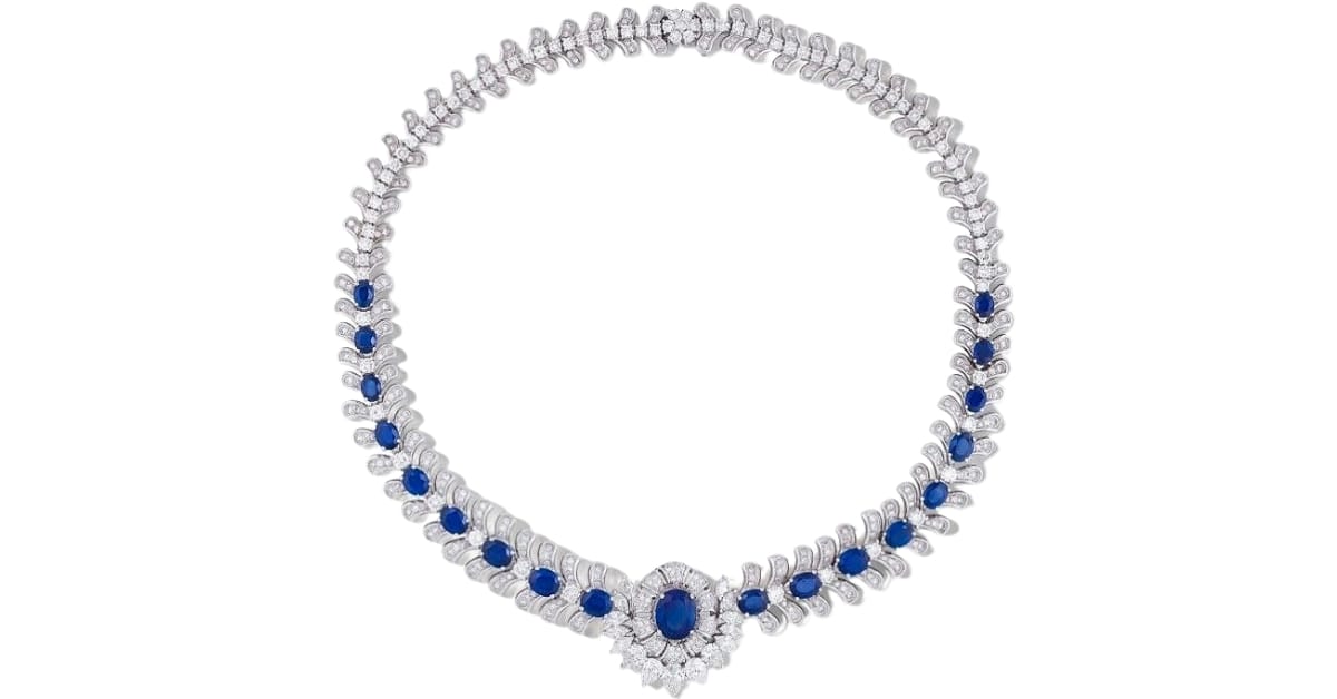 An elegant, regal-looking sapphire and diamond necklace