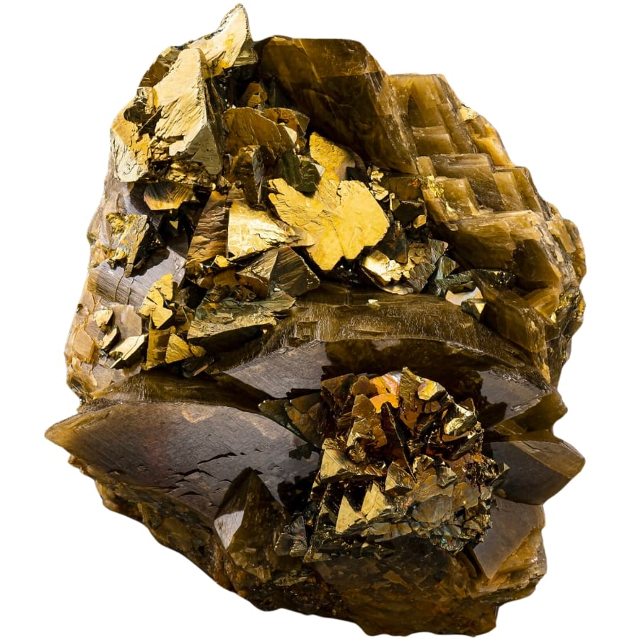 Lustrous, golden chalcopyrite on bladed brown siderite 
