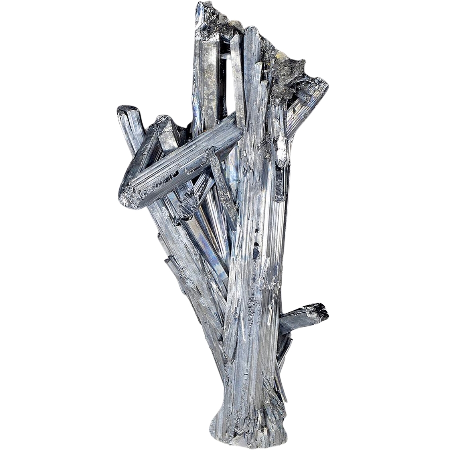 Crystal grouping of metallic, sword-like stibnite crystals