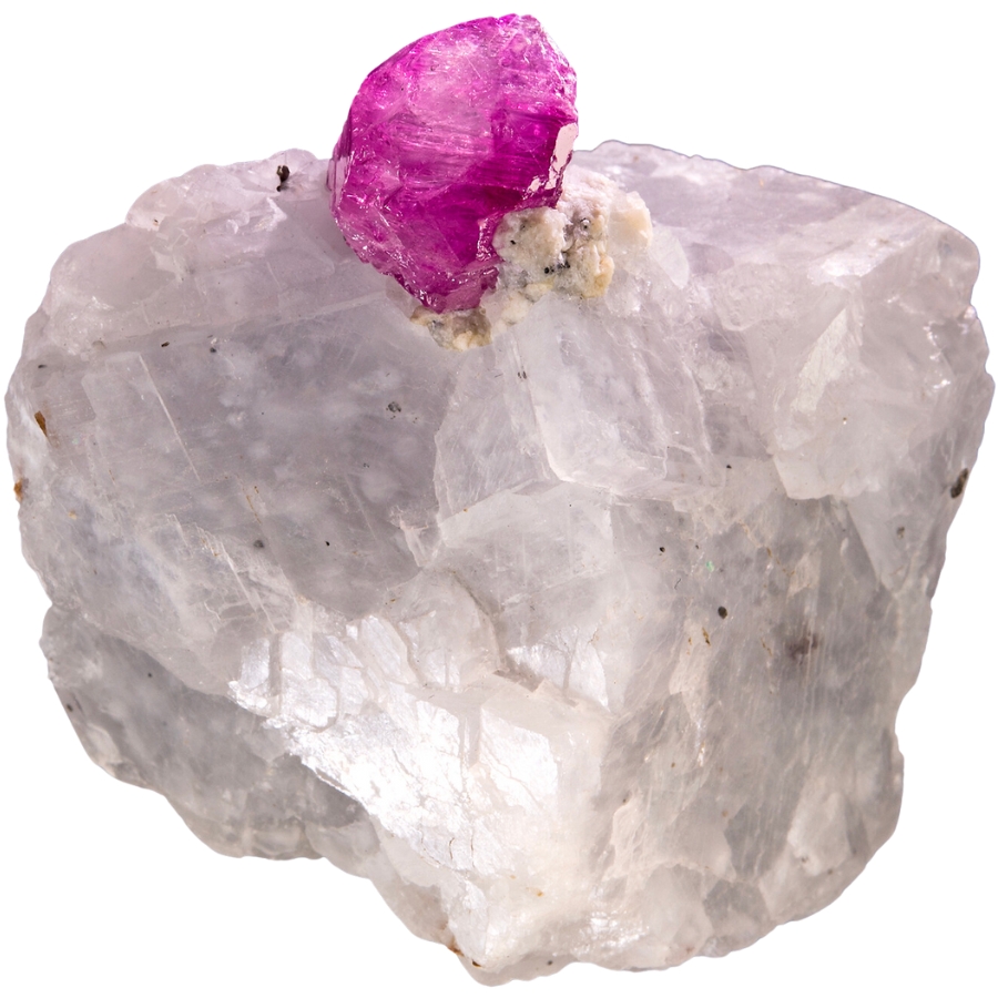 A single crystal of bright pink ruby on a white matrix