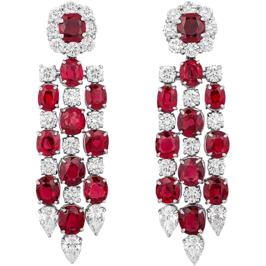 A pair of chandelier earrings adorned with deep red Thai rubies and colorless diamonds