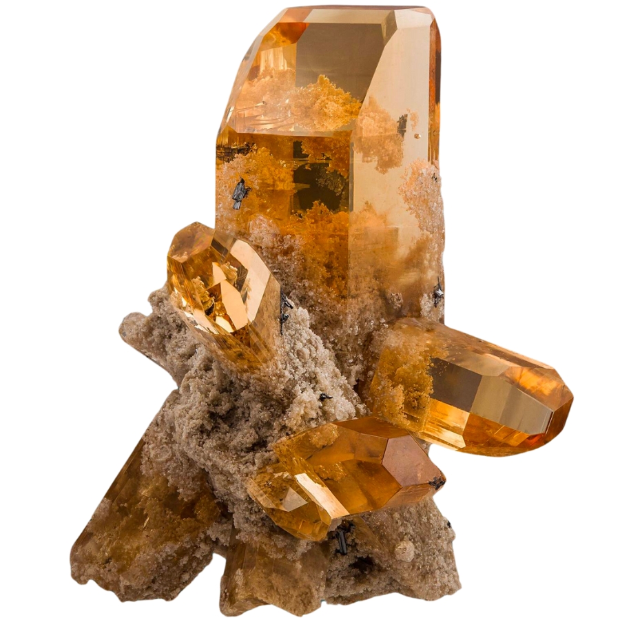 A glassy topaz crystal with pseudobrookite