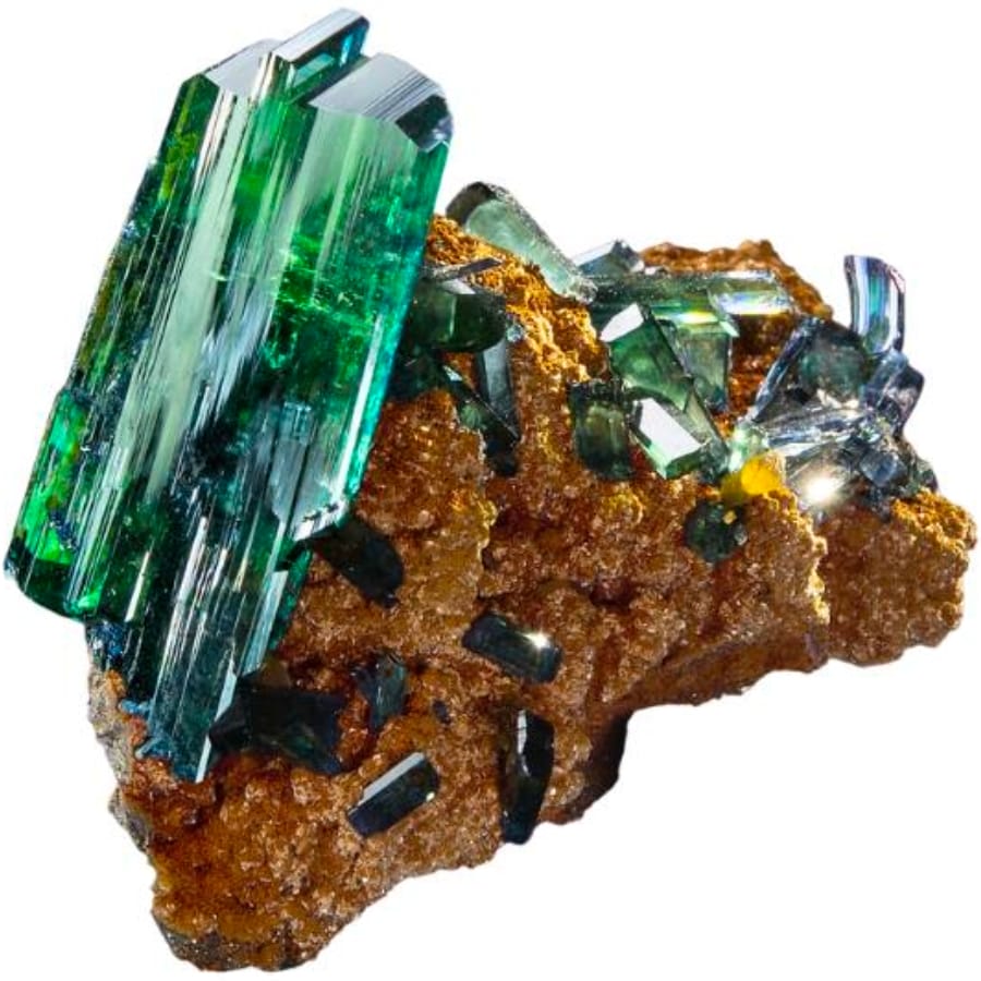 A lustrous green vivianite crystal that's too soft for gem application
