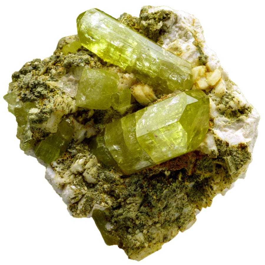 three yellow apatite crystals on a rock