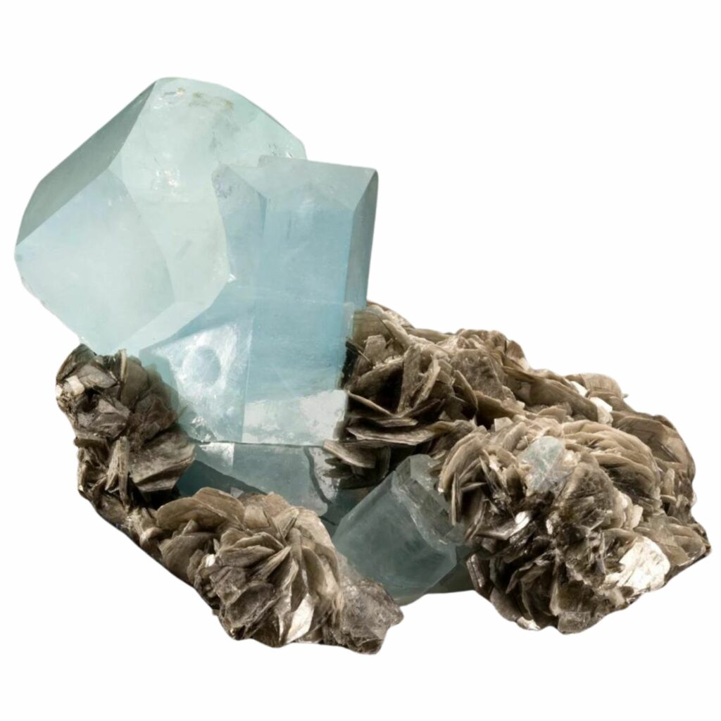 pale blue aquamarine crystals on muscovite