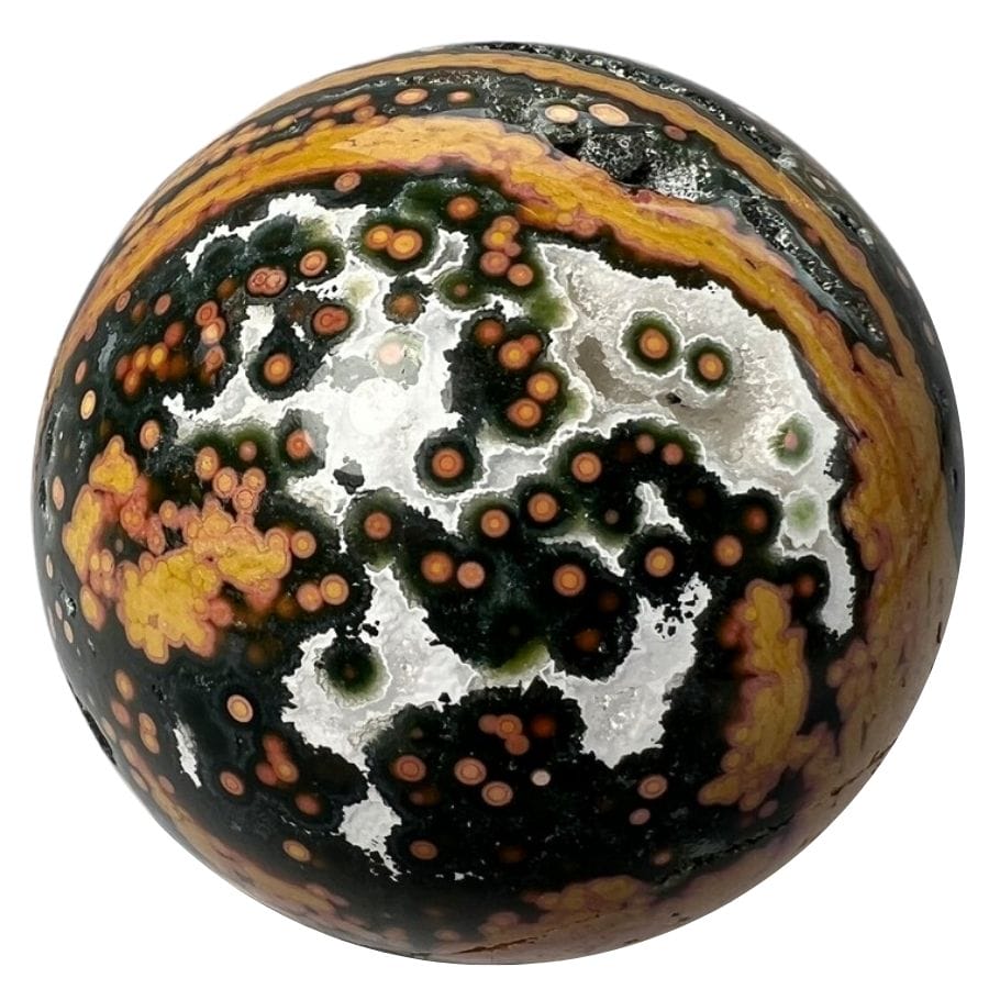 orange, white, and black jasper sphere