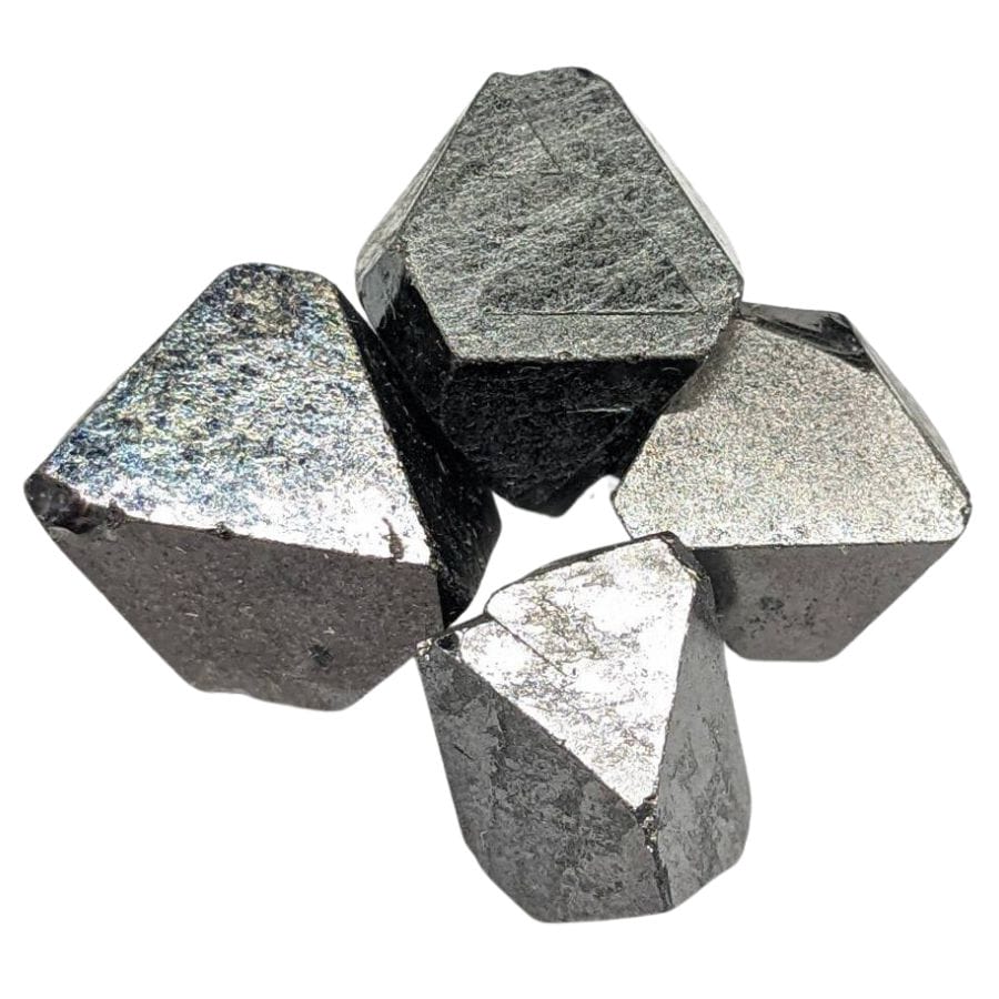 four cubic metallic gray magnetite crystals