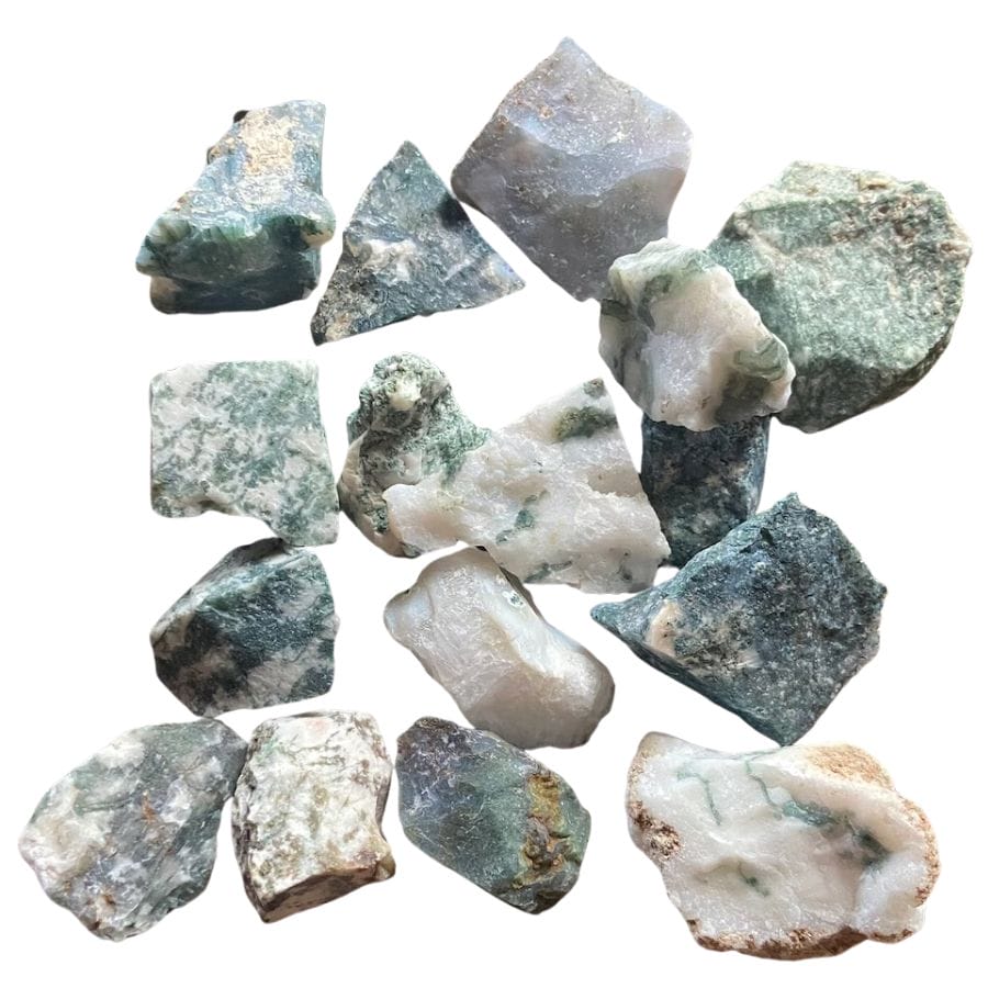 several rough white and green moss agate pieces