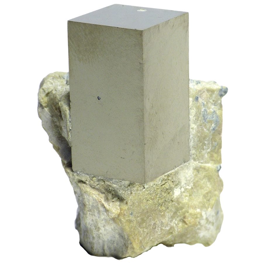 cubic Navajún pyrite crystal on a rock