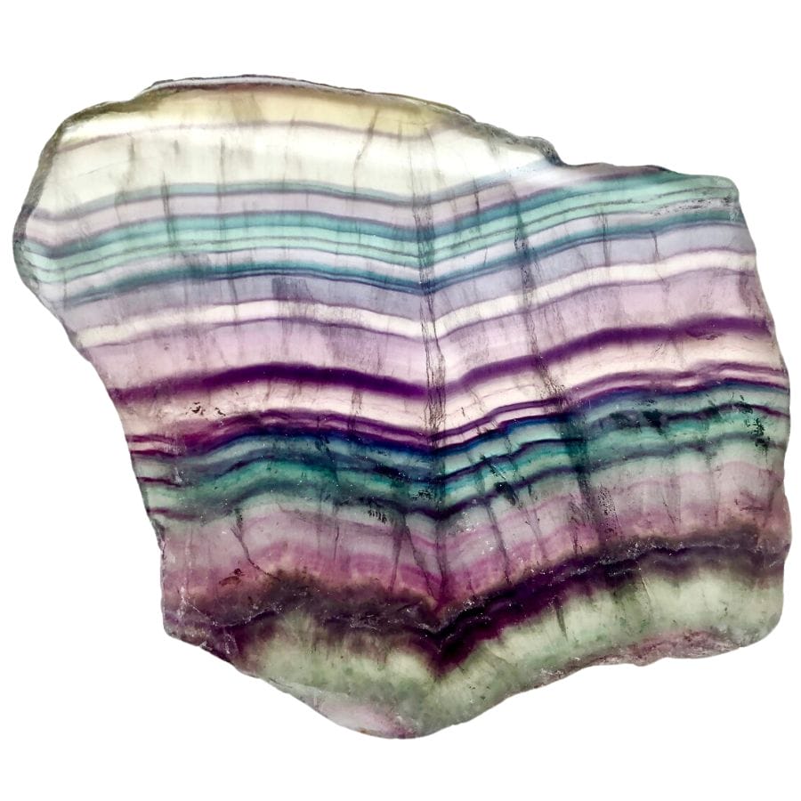 translucent rainbow fluorite slab with purple and green bands
