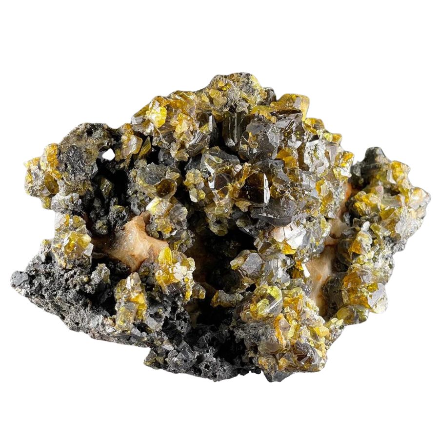 translucent brown sphalerite crystals on a rock