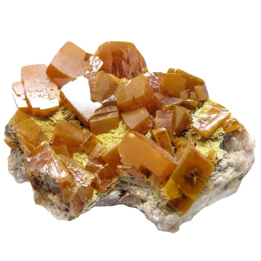 yellow wulfenite crystals on a rock