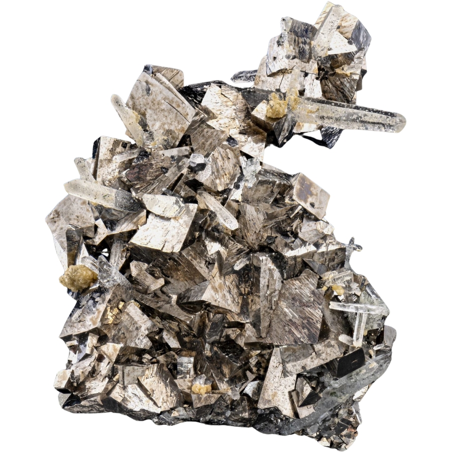 Intricate cluster of metal-looking arsenopyrite crystals with small quartz