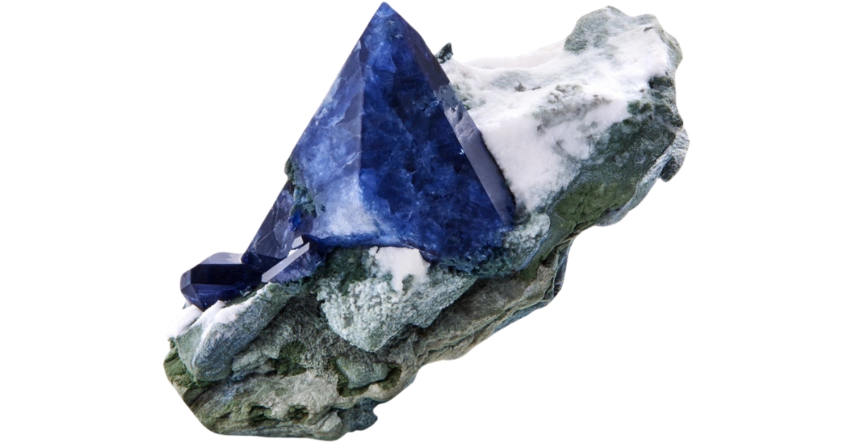 A fine crystal of benitoite in deep blue colors with clouds of white on natrolite