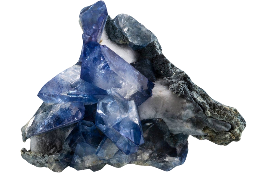 Beautiful cluster of lustrous, sharo blue benitoite crystals from the Benitoite Gem Mine