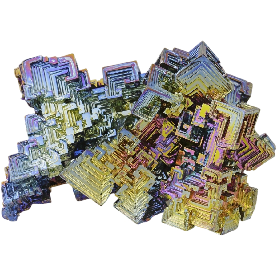 Lab-grown crystals of colorful, metal-like shiny bismuth