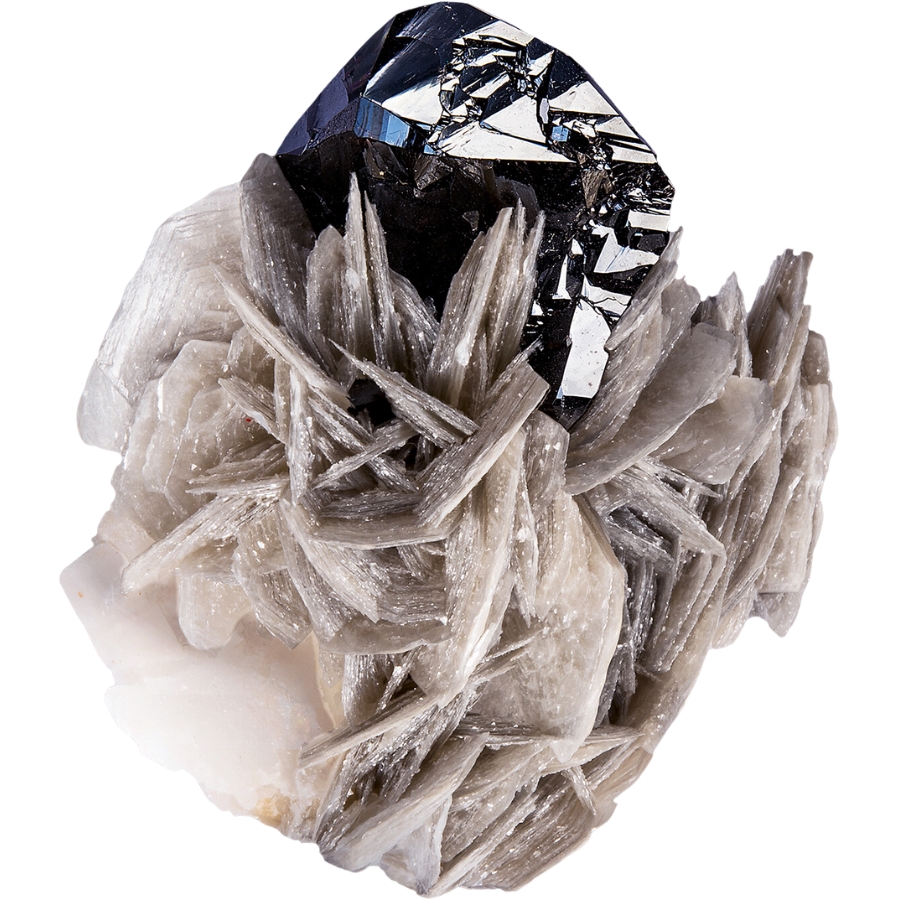 Lustrous black cassiterite crystal on an intricate mica formation