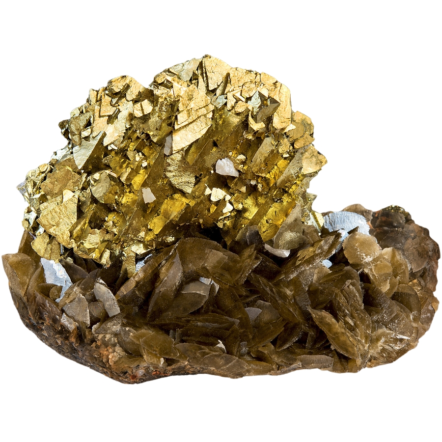 Golden chalcopyrite attached to brown crystals of siderite