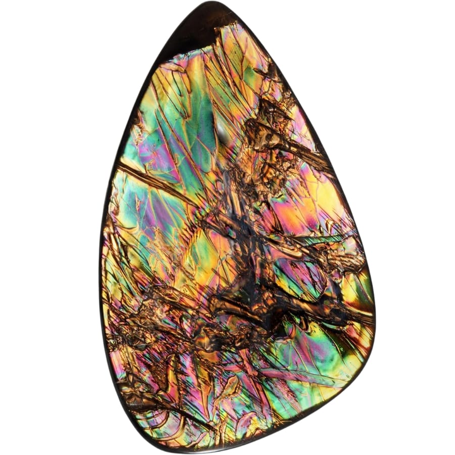 A gorgeously colorful and iridescent cabochon of fire obsidian composite