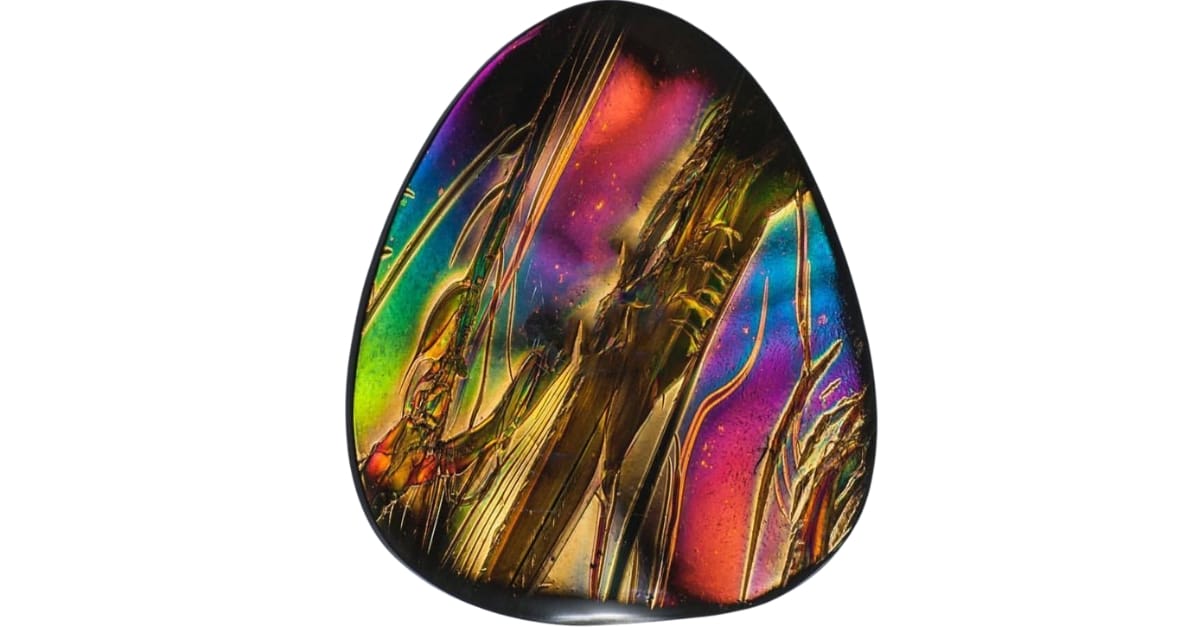 A stunningly iridescent fire obsidian cabochon