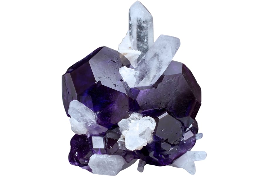 Violet fluorite and clear quartz crystals