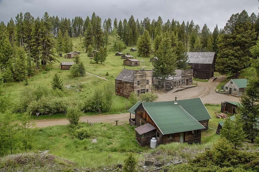 Aerial view of the landscapes and old houses at Garnet Ghost Town