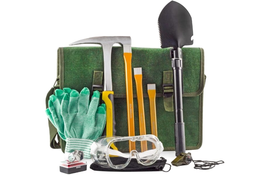Rockhounding kit including a sturdy bag, shovel, chisel, gloves, and goggles