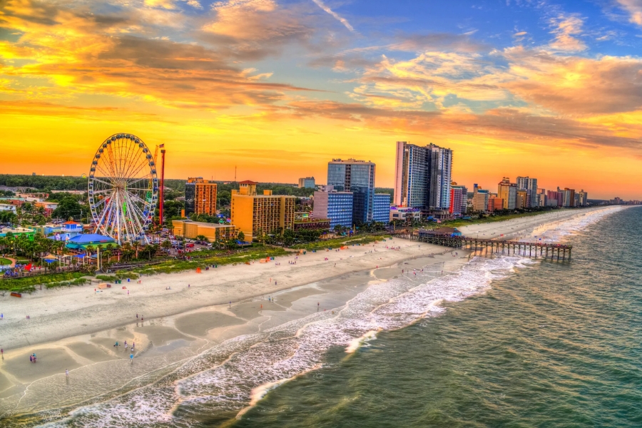 Aerial view of the wide beach sands and structures at Myrtle Beach
