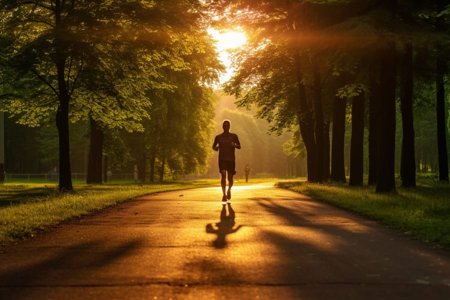 A guy running against the light of sunrise