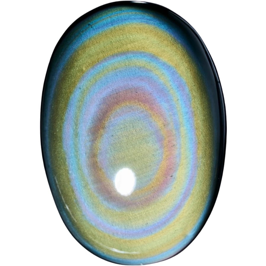 A shiny, colorful piece of rainbow obsidian palm stone