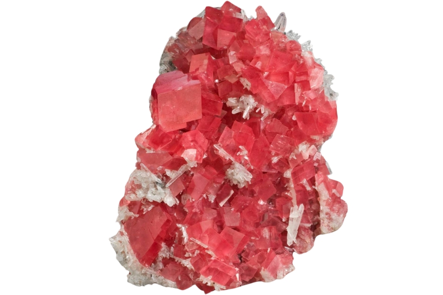 A stunning specimen of cherry-red rhodochrosite crystals with clear quartz