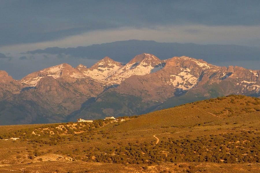 Zoomed in view of the Ruby Mountains just before sunset