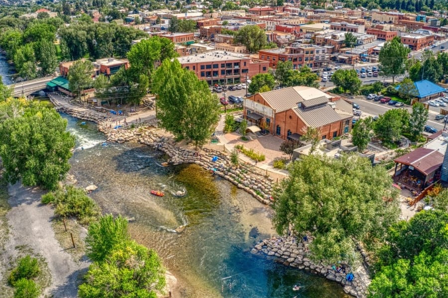 Bird's eye view of the landscape of Salida, including its residential area