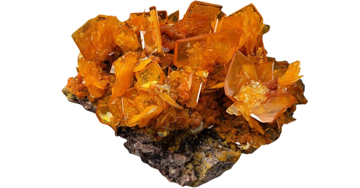 Yellow orange crystals of wulfenite on mimetite