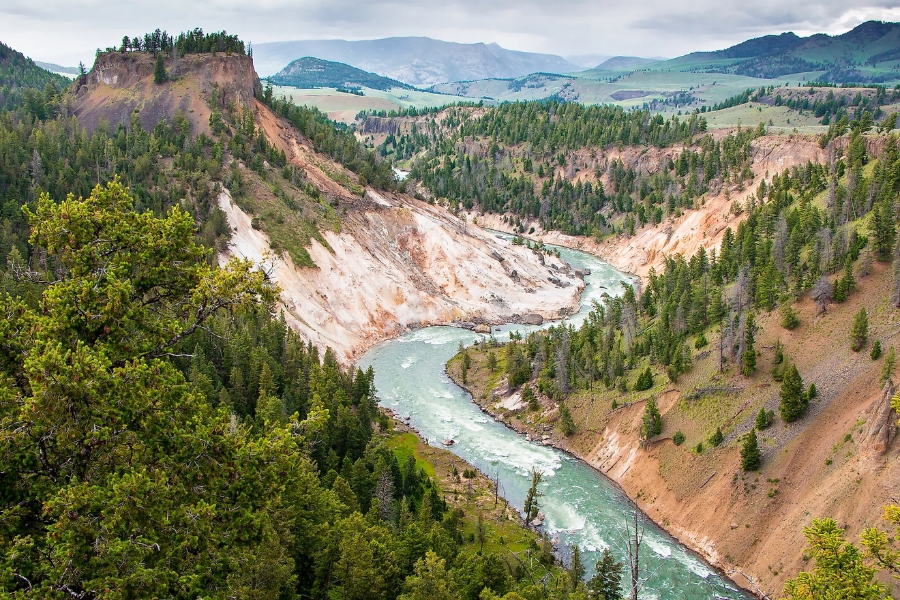 Picturesque aerial view of the stretch of Yellowstone River and the landscapes surrounding it