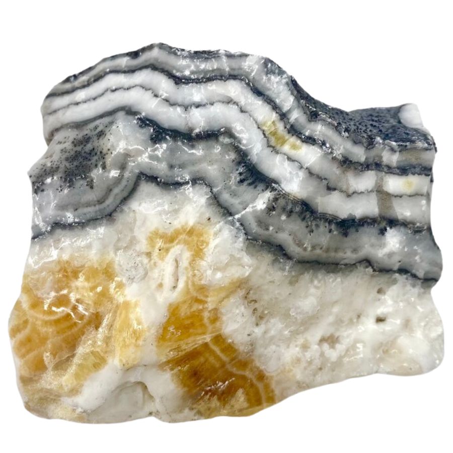 rough white calcite with black bands