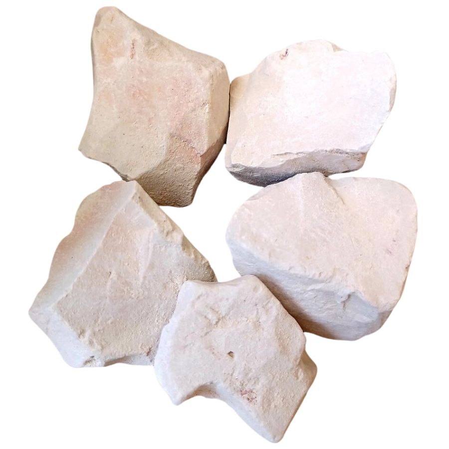 five rough pale pink kaolin rocks