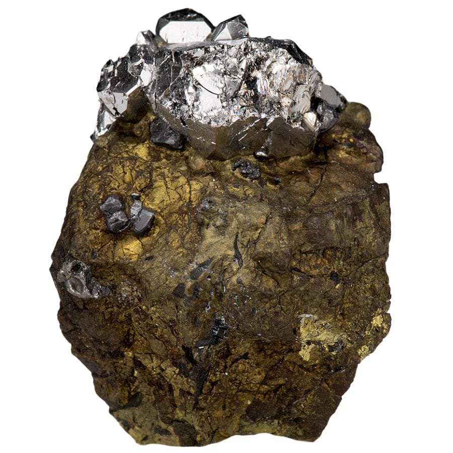 metallic sperrylite crystals on a rock