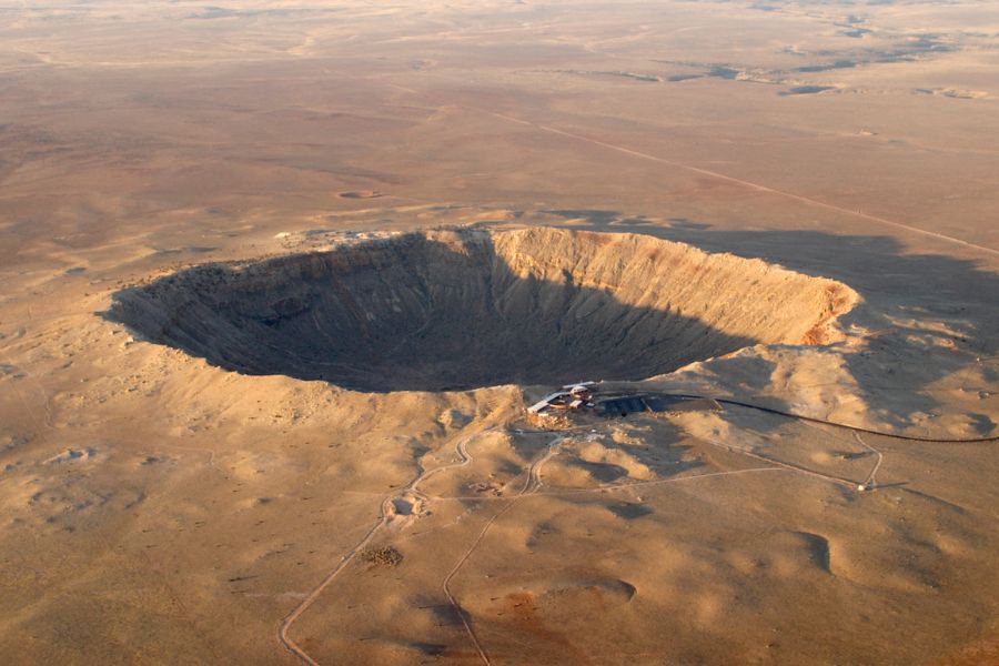 aerial view of a large meteor crater