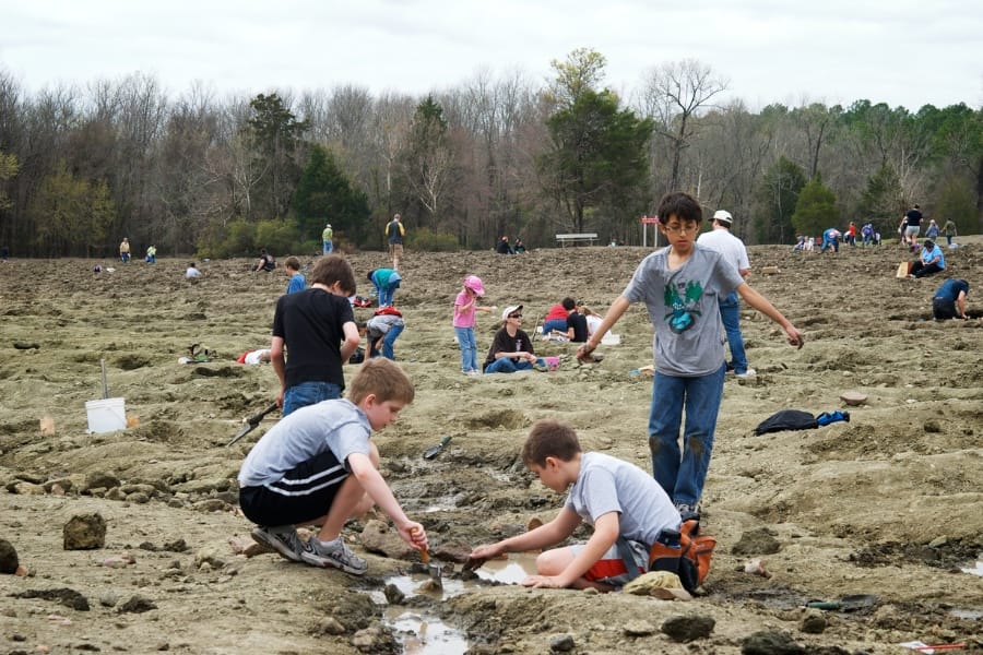 A group of kids digging through the grounds of the Crater of Diamonds State Park