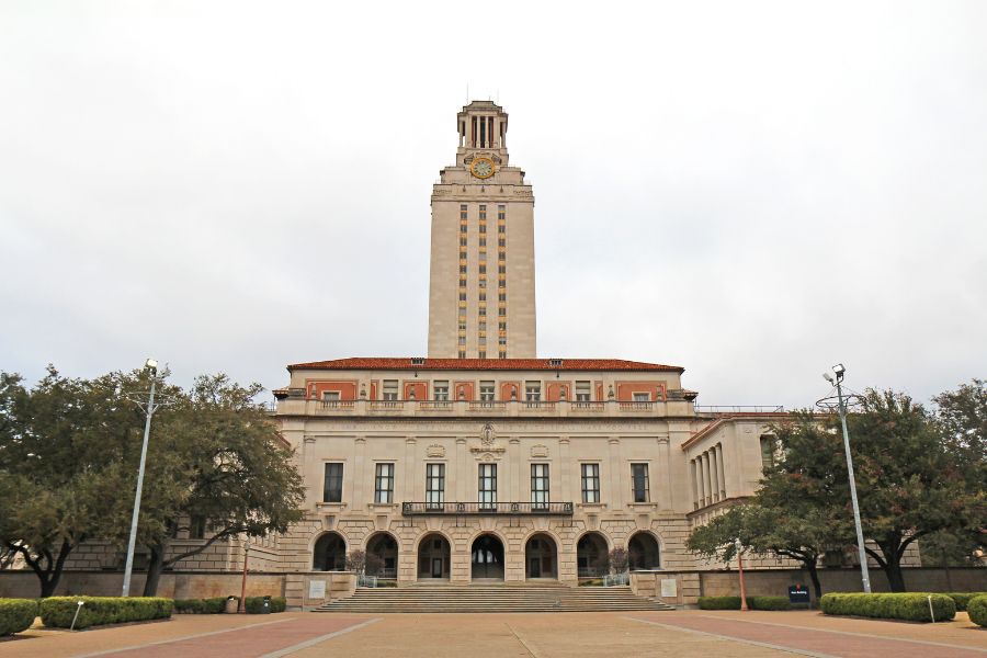 exterior of a large beige building