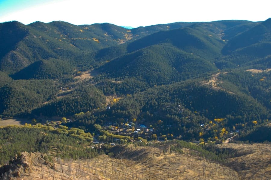 Aerial view of the green mountains surrounding Jamestown