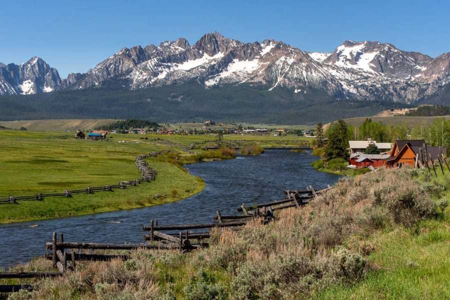 Scenic view of the Sawtooth Scenic Byway with the Sawtooth Mountains in the background