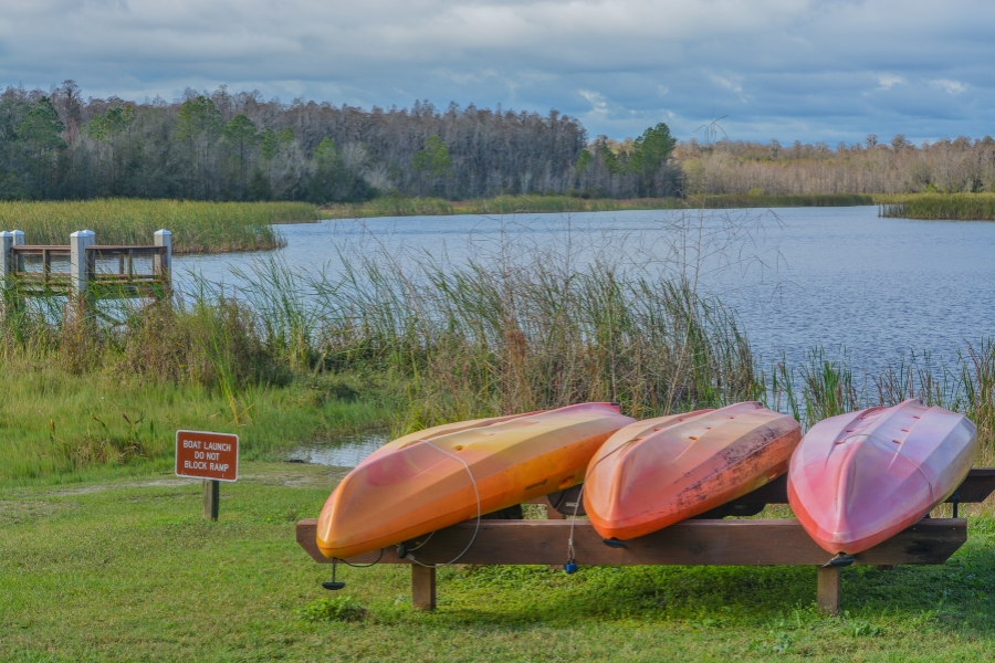 kayaks on the grassy shore of a lake